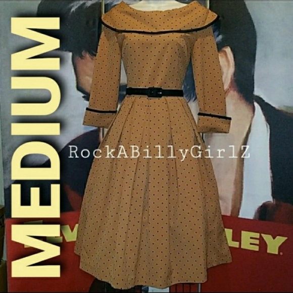 Tatyana Dresses & Skirts - Tatyana Iced Coffee 1940's Mocha Polka Dot 3/4 Sleeve Military Pinup Swing Dress